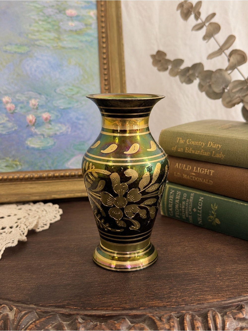 Vintage Indian Brass Bud Vase Etched Floral Design Iridescent Finish 4.5"